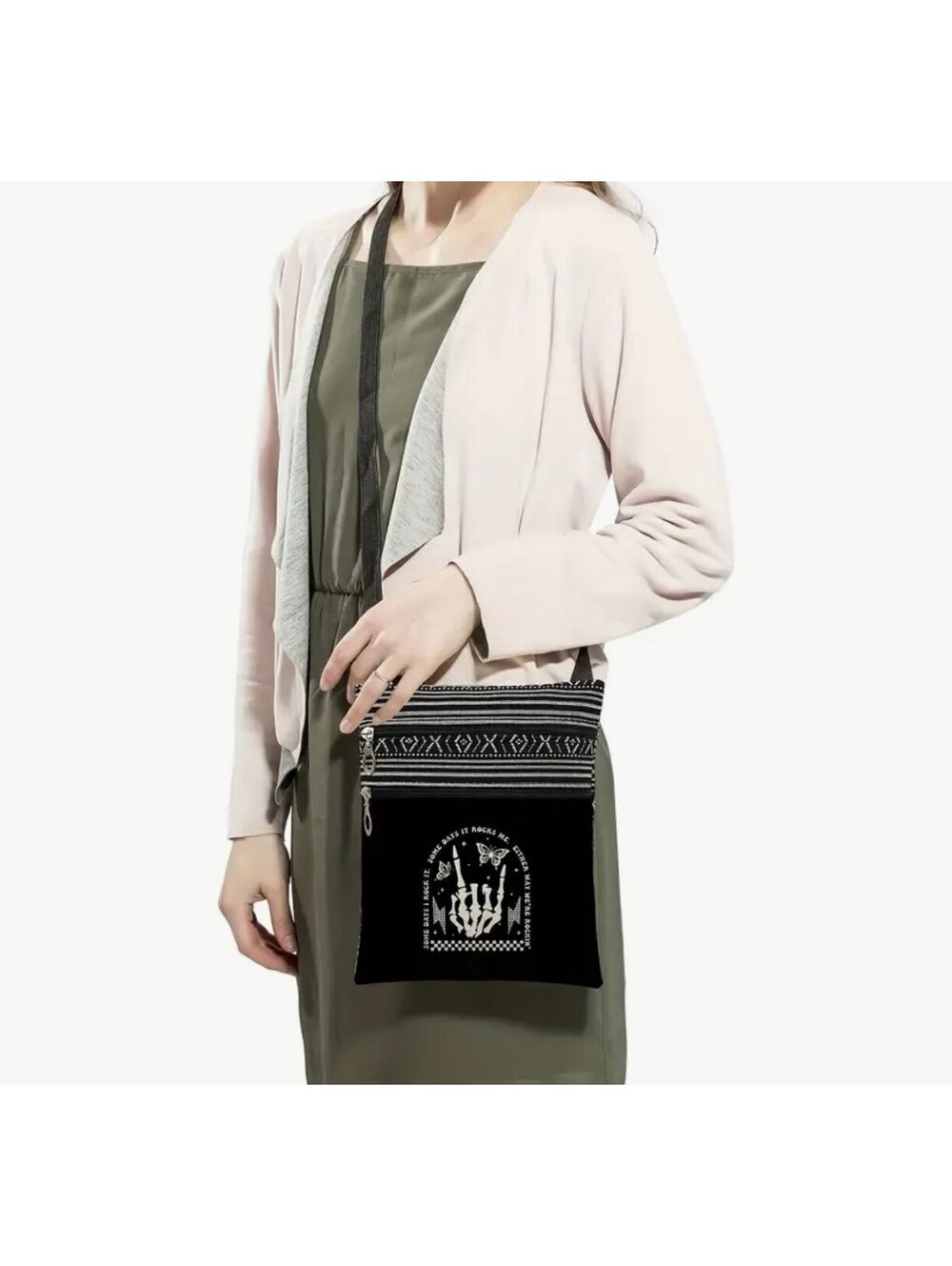 New - Vintage Style - Rock Skull & Letter Print Crossbody Bag - Black /White